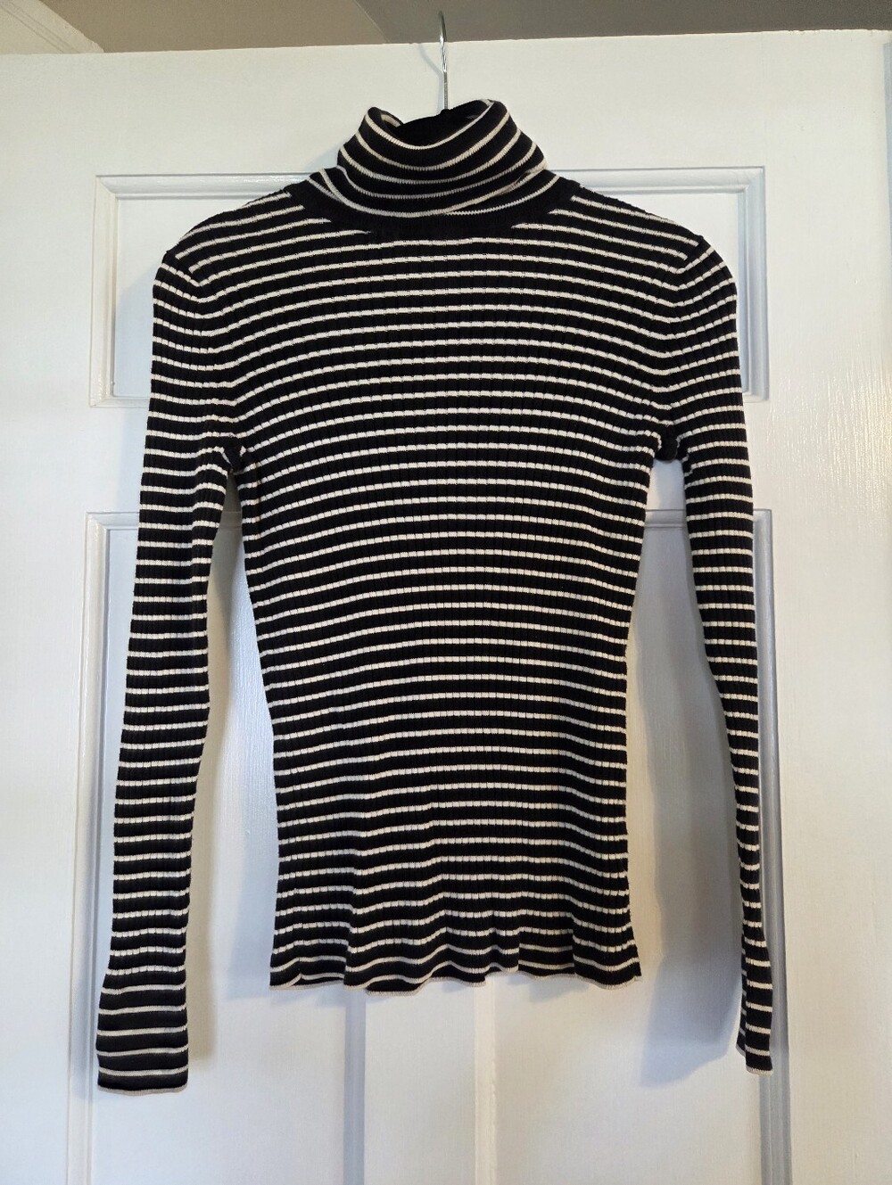 Talbots Striped Black & White Ribbed Turtleneck Long Sleeve